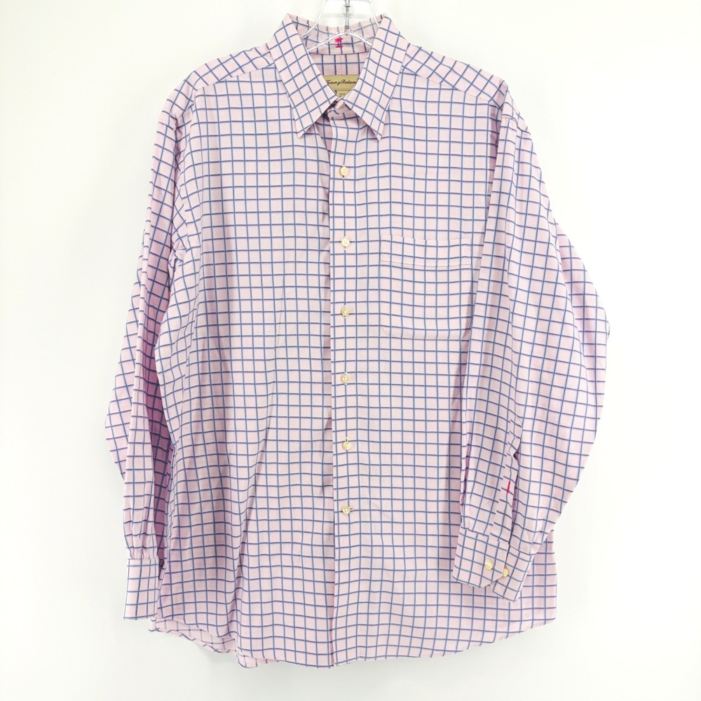 Tommy Bahama Shirt Mens 15.5 32/33 Pink Blue Grid Plaid Long Sleeve Button